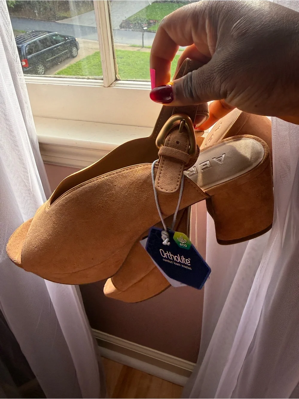 AEROSOLES Tan Suede Slingback Heels with Gold Buckle